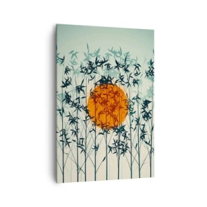 Impression sur toile - Image sur toile - Soleil orange parmi les branches de bambou - 70x100cm - Soleil japonnais - Décoration murale moderne pour le salon et la chambre ARTTOR