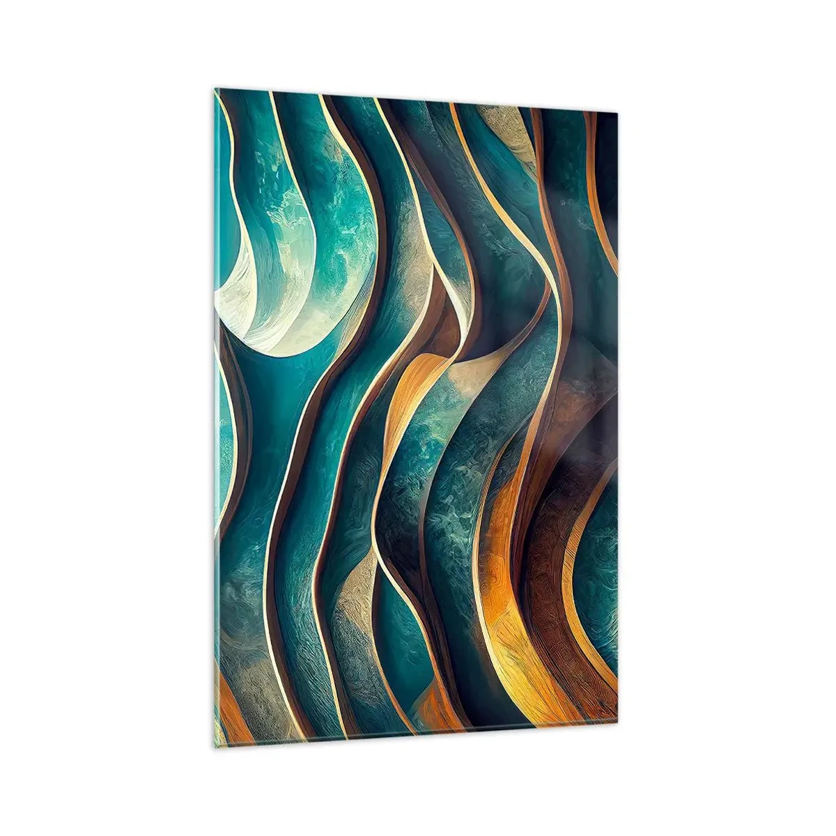 Impression sur verre - Image sur verre - Vagues abstraites dans des tons turquoise et or - 80x120cm - Méandres de bleu - Décoration murale moderne pour le salon et la chambre ARTTOR