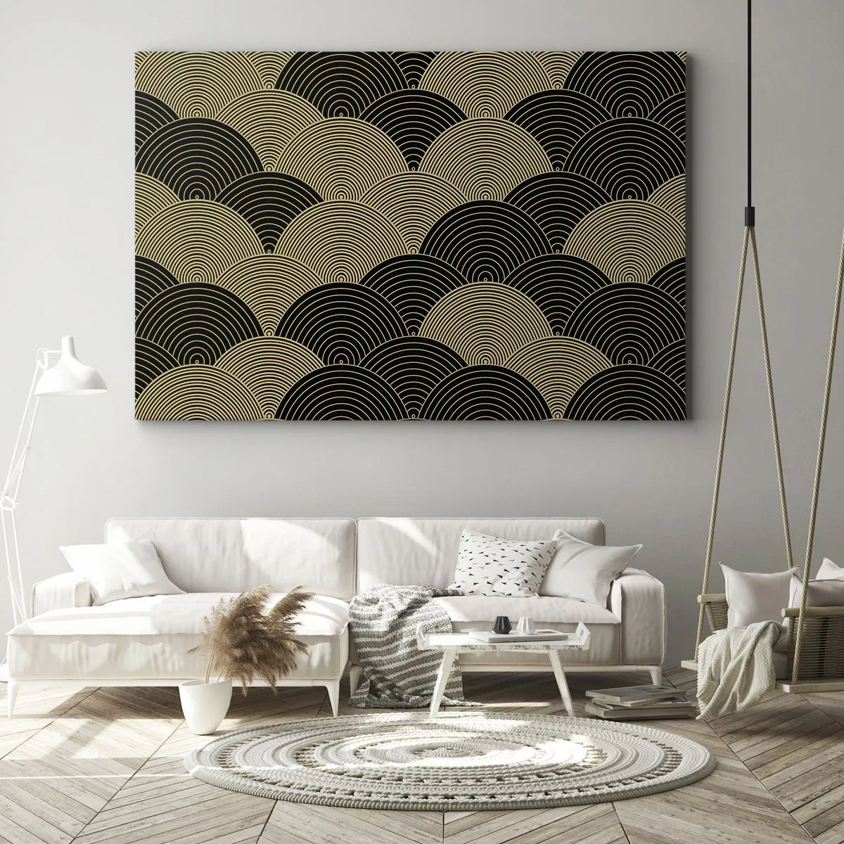 Impression sur toile - Image sur toile - Motif Art Déco avec demi-cercles et lignes dorées - 70x50cm - Unité dans la multiplicité - Décoration murale moderne pour le salon et la chambre ARTTOR