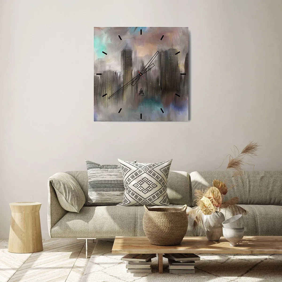 Horloge murale - Pendule murale - Une composition d'acier, de pierre et de brouillard - 30x30 cm