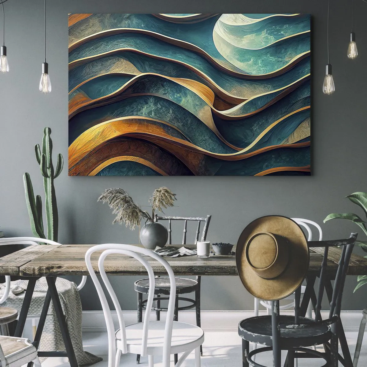 Impression sur toile - Image sur toile - Vagues abstraites dans des tons turquoise et or - 100x70cm - Méandres de bleu - Décoration murale moderne pour le salon et la chambre ARTTOR