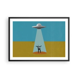 Affiche dans un cadre noir - Poster - Un homme à la lumière d'un OVNI sur fond de paysage coloré - 70x50cm - Rencontre proche - Décoration murale moderne pour le salon et la chambre ARTTOR