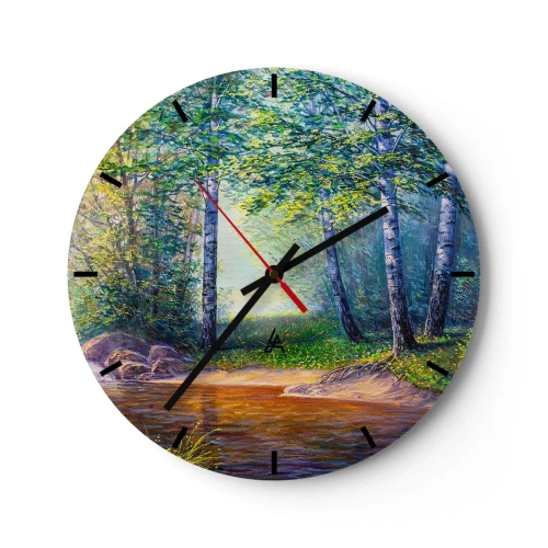 Horloge murale - Pendule murale - Une forêt de bouleaux pittoresque avec une rivière illuminée par les rayons du soleil - 30x30cm - Paysage idyllique - Décoration murale moderne pour le salon, la cuisine et la chambre ARTTOR
