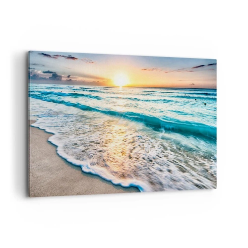 Impression sur toile - Image sur toile - Lever de soleil sur une plage tranquille avec des vagues - 120x80cm - Une vue qui en vaut la peine - Décoration murale moderne pour le salon et la chambre ARTTOR