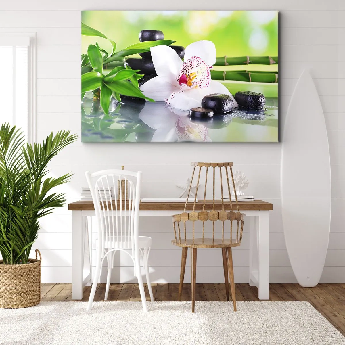Impression sur toile - Image sur toile - Orchidée, pierres et bambou dans une composition spa harmonieuse - 70x50cm - Raffraîchissement de fraîcheur - Décoration murale moderne pour le salon et la chambre ARTTOR