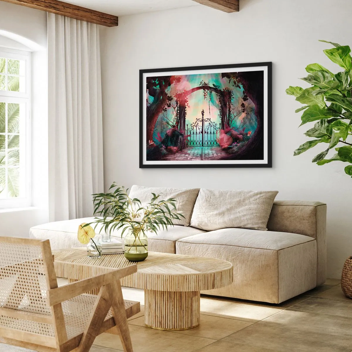 Affiche dans un cadre noir - Poster - Une entrée magique avec un portail en fer forgé entouré d'une végétation mystérieuse - 70x50cm - Jardin secret - Décoration murale moderne pour le salon et la chambre ARTTOR