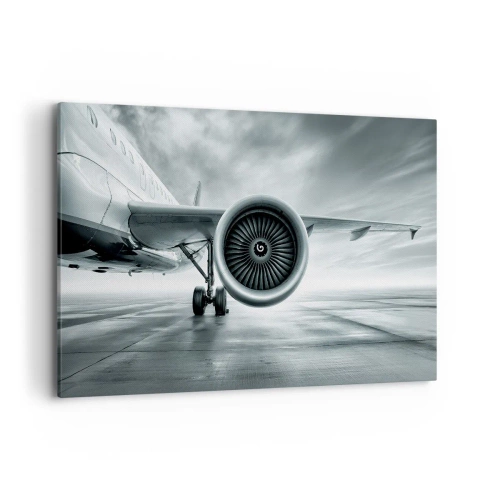 Impression sur toile - Image sur toile - Le réacteur d'un avion sur le tarmac - 120x80cm - Sent la force! - Décoration murale moderne pour le salon et la chambre ARTTOR