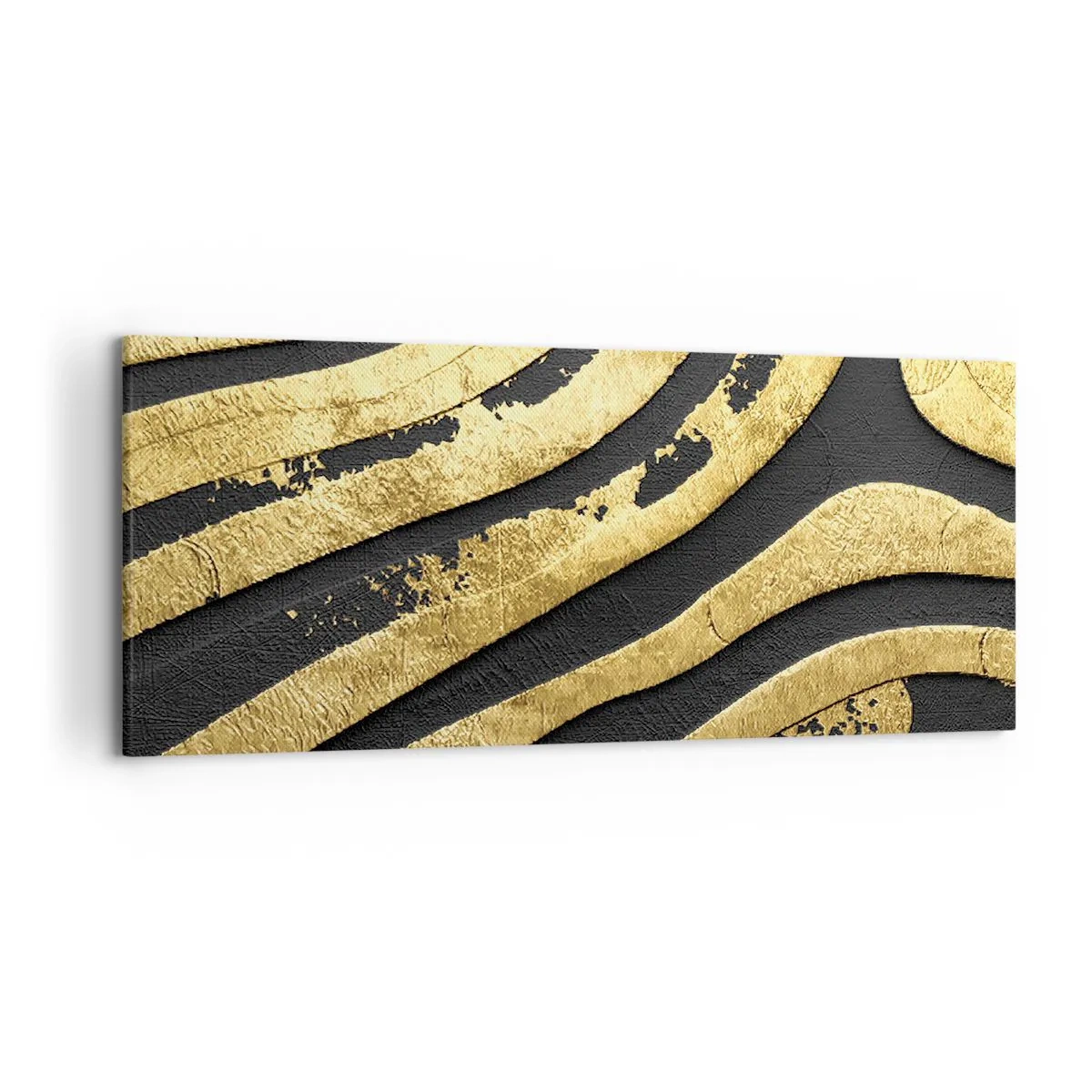 Impression sur toile - Image sur toile - Vagues abstraites dorées sur fond noir - 120x50cm - Tout coule - Décoration murale moderne pour le salon et la chambre ARTTOR