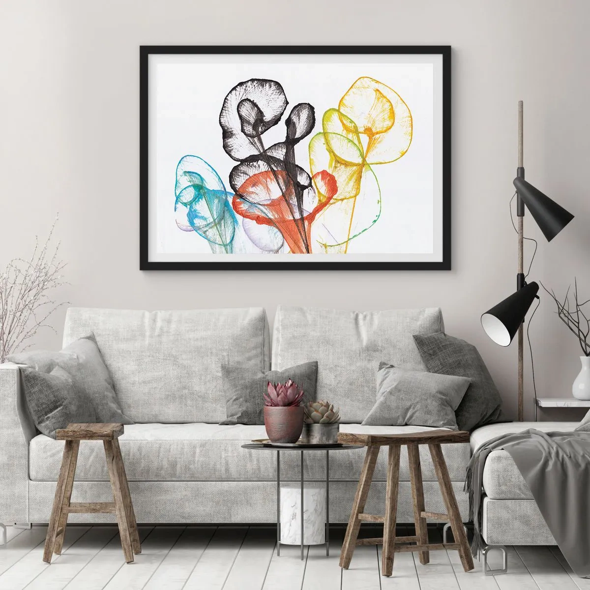 Affiche dans un cadre noir - Poster - Fleurs transparentes colorées sur fond blanc - 70x50cm - Fleurs avec une âme - Décoration murale moderne pour le salon et la chambre ARTTOR