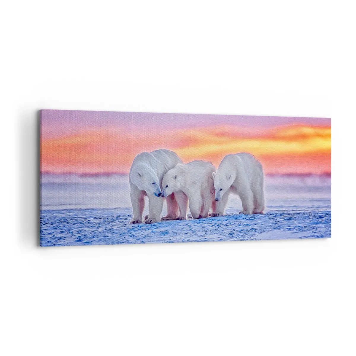 Impression sur toile - Image sur toile - Trois ours polaires sur fond de coucher de soleil arctique - 120x50cm - La chaleur familiale suffit - Décoration murale moderne pour le salon et la chambre ARTTOR
