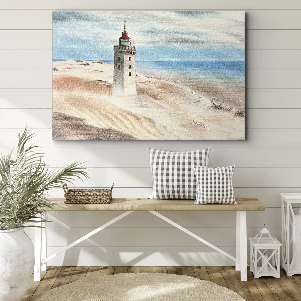 Impression sur toile - Image sur toile - Un phare entouré de dunes de sable et d'un ciel bleu - 120x80cm - Toujours regarder la mer - Décoration murale moderne pour le salon et la chambre ARTTOR