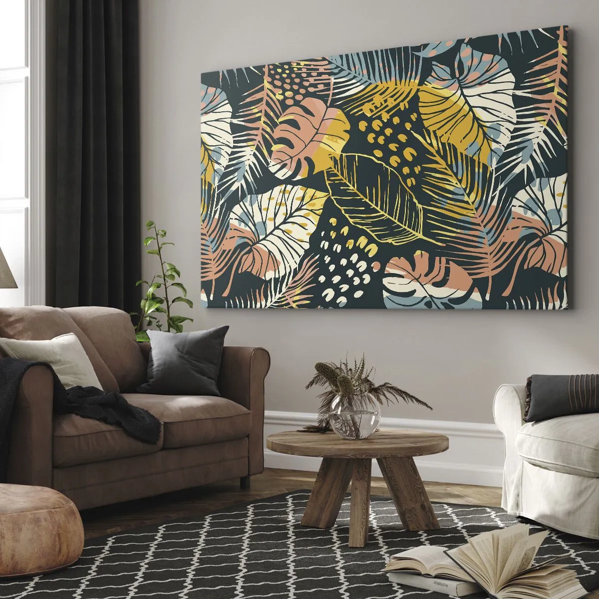 Impression sur toile - Image sur toile - Feuilles colorées sur fond sombre - 70x50cm - Fantaisie feuillue - Décoration murale moderne pour le salon et la chambre ARTTOR
