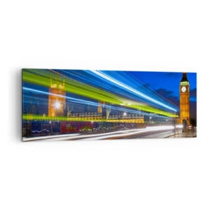 Impression sur toile - Image sur toile - Big Ben la nuit avec l'effet des lumières dans la circulation routière - 140x50cm - Sous l'œil de Big Ben - Décoration murale moderne pour le salon et la chambre ARTTOR