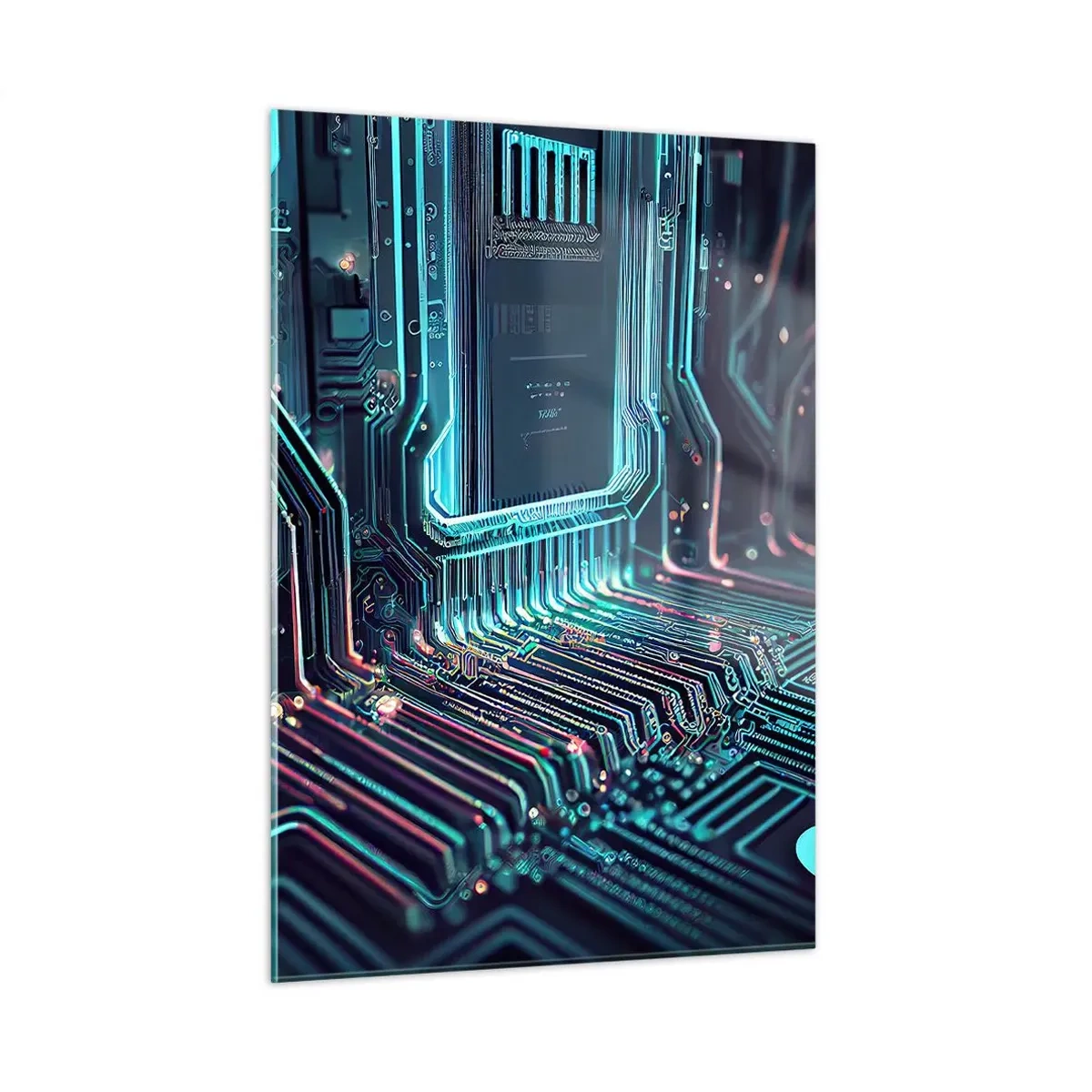 Impression sur verre - Image sur verre - Visualisation au néon des traces du processeur sur fond noir - 50x70cm - Je pense comme ça… - Décoration murale moderne pour le salon et la chambre ARTTOR