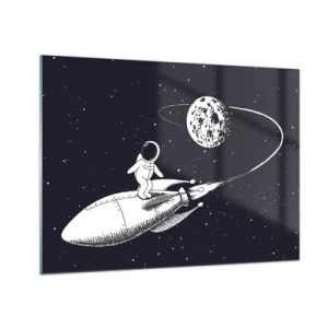 Impression sur verre - Image sur verre - Astronaute de dessin animé surfant dans l'espace sur une fusée - 70x50cm - Surfeur de l'espace - Décoration murale moderne pour le salon et la chambre ARTTOR