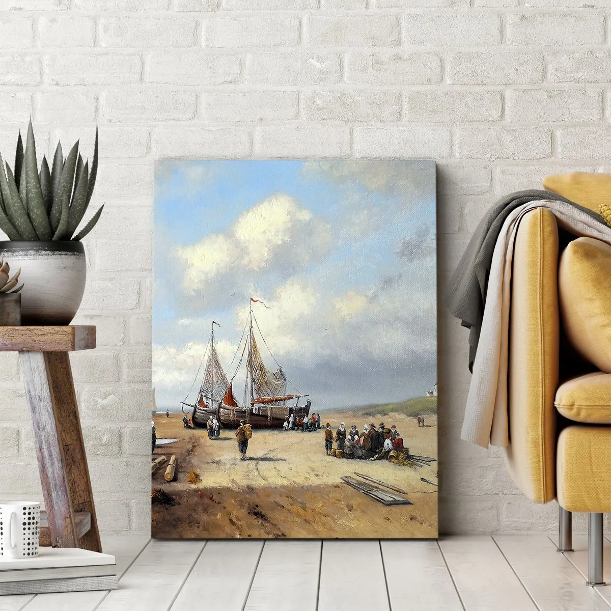 Impression sur toile - Image sur toile - Bateaux de pêche sur la plage avec des figures humaines - 70x100cm - Après une capture réussie - Décoration murale moderne pour le salon et la chambre ARTTOR