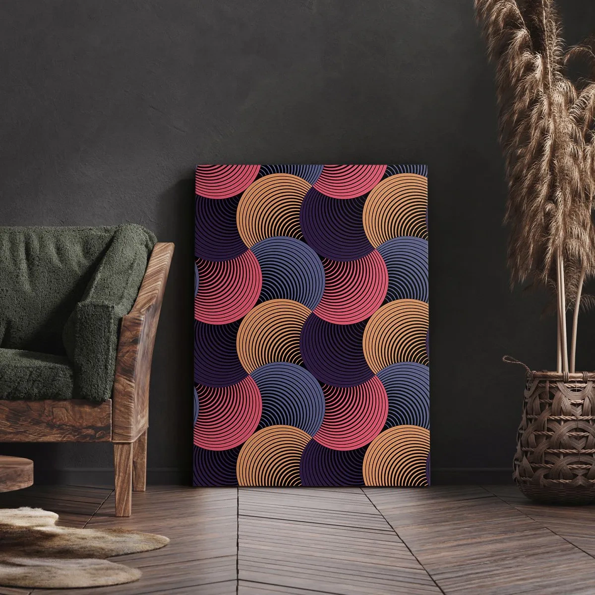 Impression sur toile - Image sur toile - Cercles géométriques dans des tons de rose, violet et or - 50x70cm - Dans un rythme circulaire - Décoration murale moderne pour le salon et la chambre ARTTOR