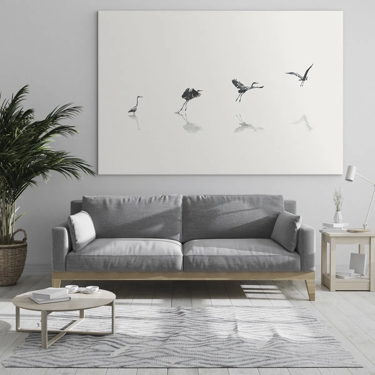 Impression sur verre - Image sur verre - Silhouettes de quatre oiseaux se déplaçant sur l'eau - 100x70cm - Quatre étapes simples - Décoration murale moderne pour le salon et la chambre ARTTOR