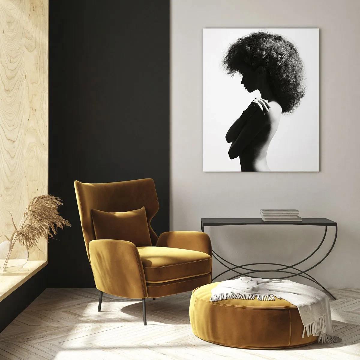 Impression sur verre - Image sur verre - Une silhouette subtile d'une femme dans des tons noirs et blancs sur un fond clair - 80x120cm - Comme une fleur au bout d'une fine tige - Décoration murale moderne pour le salon et la chambre ARTTOR