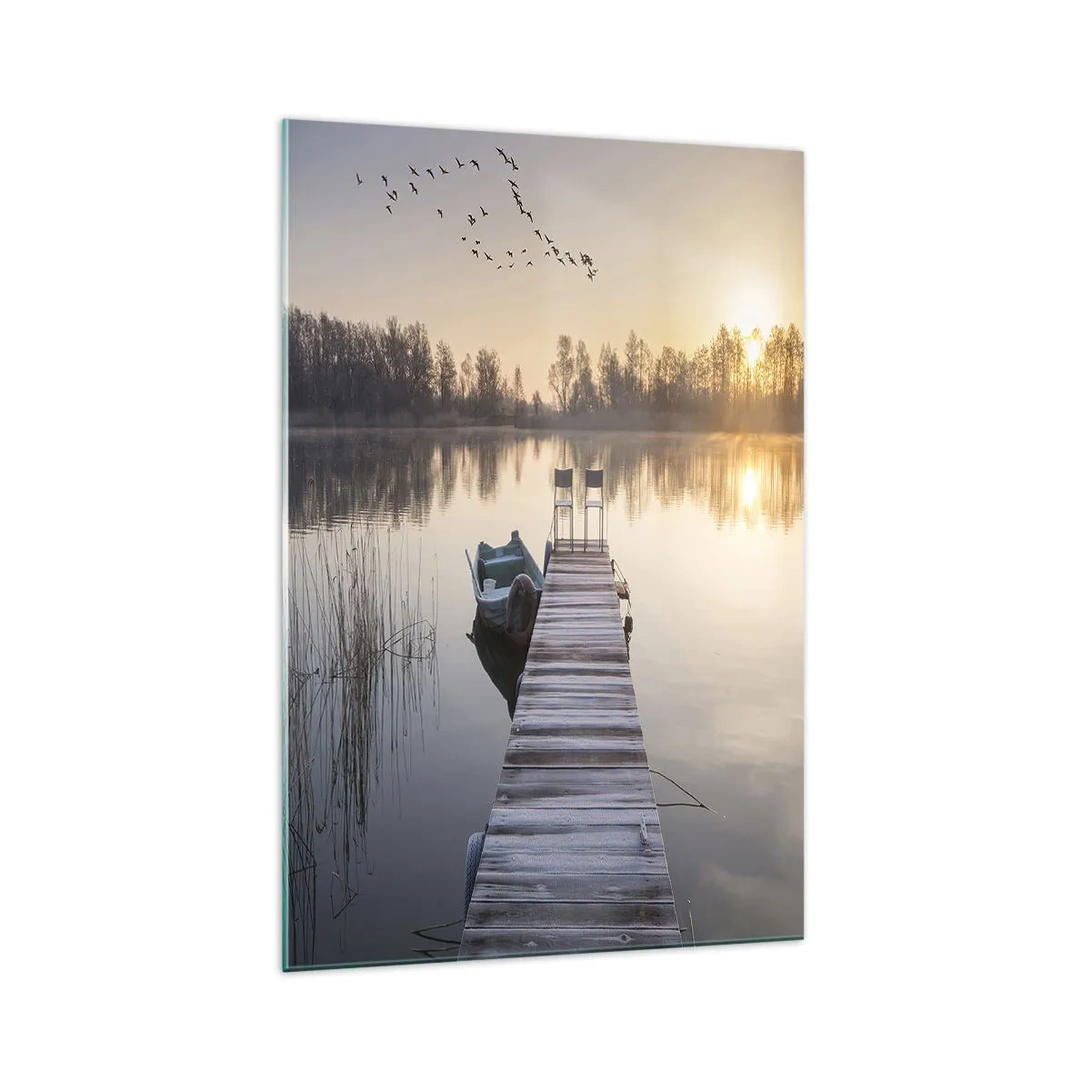 Impression sur verre - Image sur verre - Une jetée au bord du lac le matin avec un bateau et des chaises - 70x100cm - Je reviendrai - Décoration murale moderne pour le salon et la chambre ARTTOR