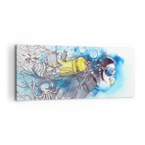 Impression sur toile - Image sur toile - Scène sous-marine avec un plongeur et des poissons exotiques - 120x50cm - Le grand bleu - Décoration murale moderne pour le salon et la chambre ARTTOR