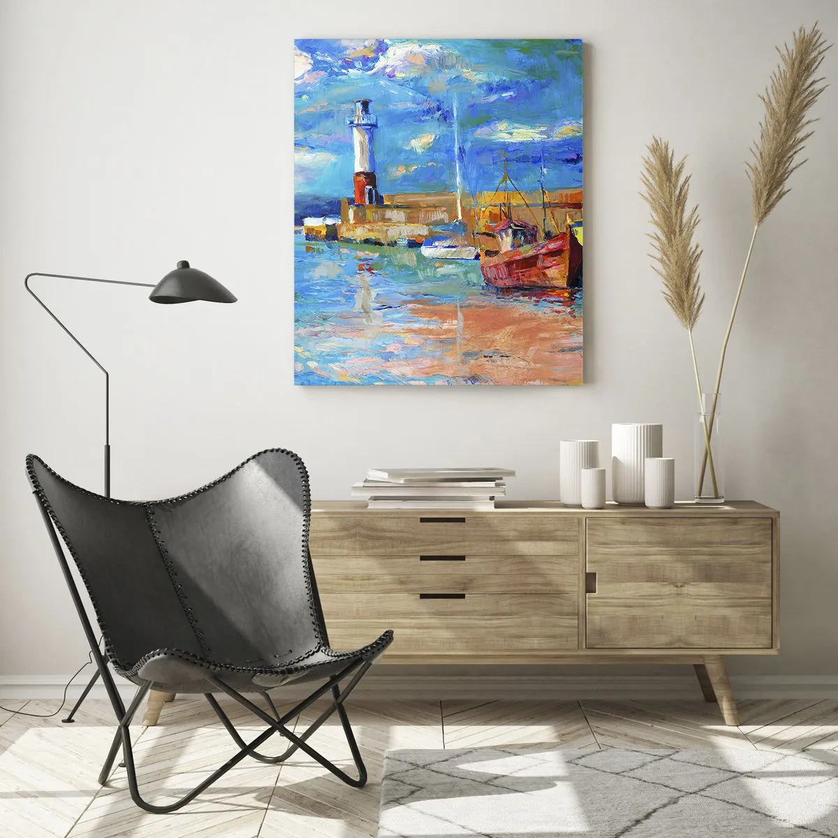 Impression sur verre - Image sur verre - Port de pêche avec bateaux et phare aux couleurs vives - 80x120cm - Un après-midi dans la baie arc-en-ciel - Décoration murale moderne pour le salon et la chambre ARTTOR