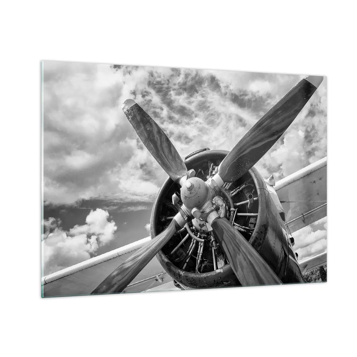 Impression sur verre - Image sur verre - Gros plan d'une hélice d'avion en noir et blanc. - 100x70cm - Dompteur de ciel - Décoration murale moderne pour le salon et la chambre ARTTOR