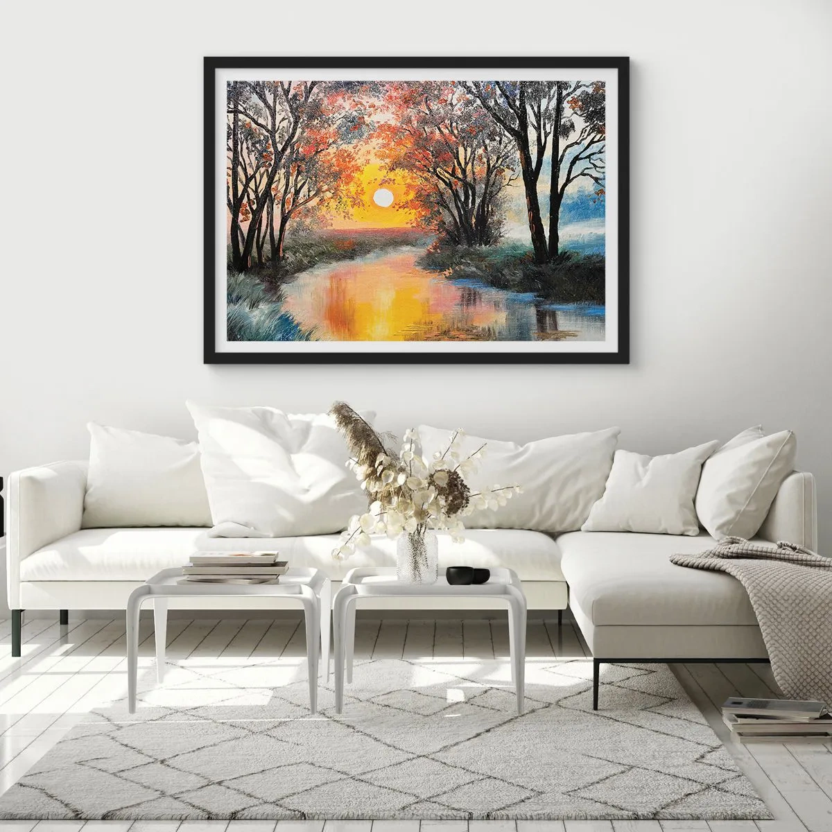 Affiche dans un cadre noir - Poster - Coucher de soleil sur la rivière dans un paysage d'automne - 100x70cm - Climats de printemps - Décoration murale moderne pour le salon et la chambre ARTTOR