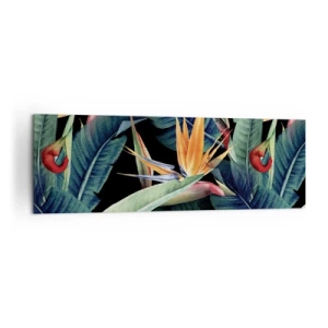 Impression sur toile - Image sur toile - Fleurs et feuilles tropicales sur fond noir - 160x50cm - Fleurs flamboyantes des tropiques - Décoration murale moderne pour le salon et la chambre ARTTOR