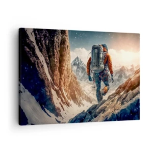 Impression sur toile - Image sur toile - Un grimpeur sur un sentier de montagne dans un paysage hivernal - 70x50cm - Guerrier solitaire - Décoration murale moderne pour le salon et la chambre ARTTOR
