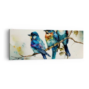 Impression sur toile - Image sur toile - Trois oiseaux colorés sur une branche dans un style aquarelle - 140x50cm - A-t-il été offensé ? - Décoration murale moderne pour le salon et la chambre ARTTOR