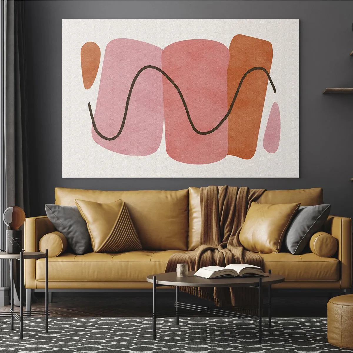 Impression sur verre - Image sur verre - Formes abstraites en rose et orange avec une ligne noire - 120x80cm - mouvement doux des formes - Décoration murale moderne pour le salon et la chambre ARTTOR