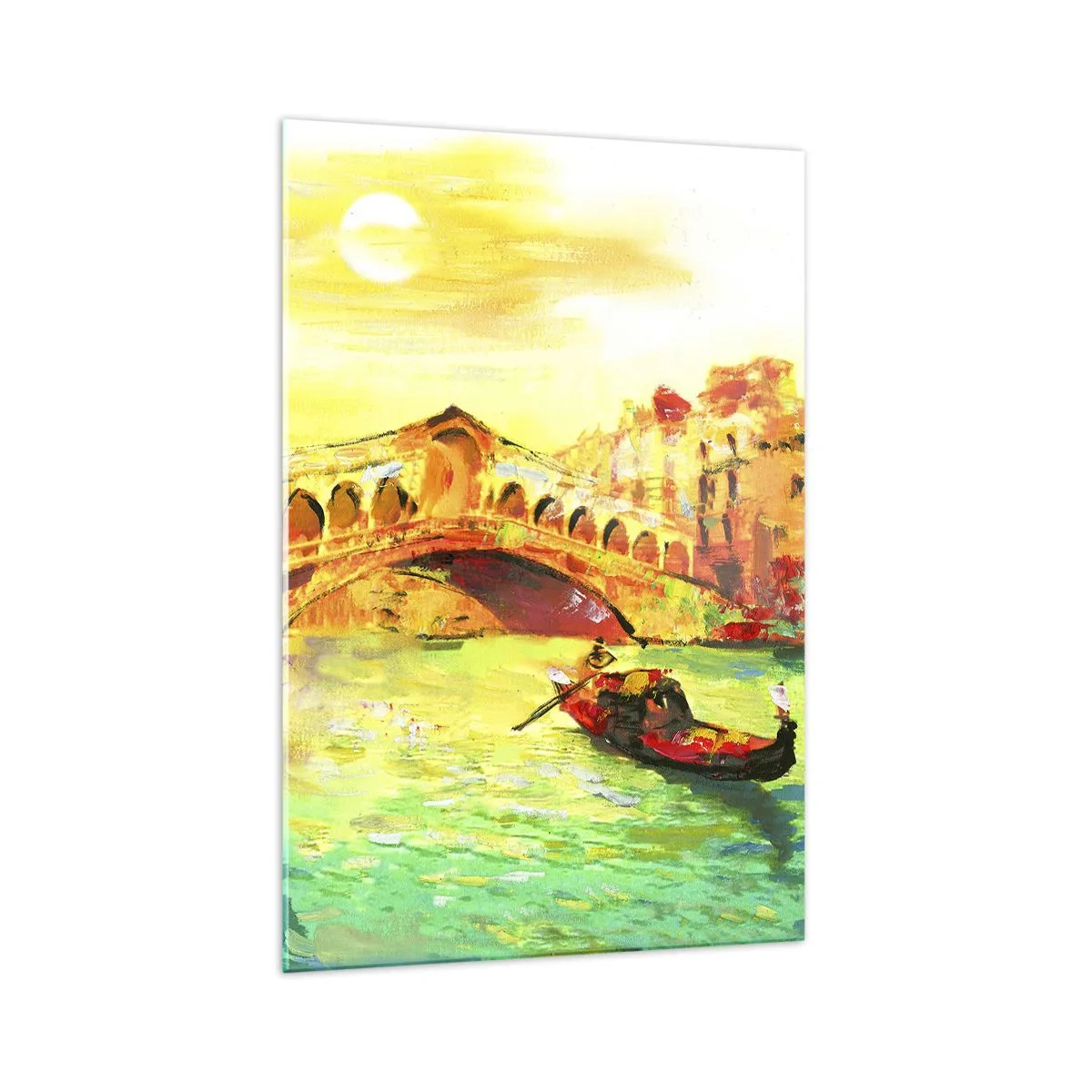 Impression sur verre - Image sur verre - Un pont pittoresque sur le canal avec une gondole à la lumière du soleil couchant - 70x100cm - Un pèlerinage d'amoureux - Décoration murale moderne pour le salon et la chambre ARTTOR