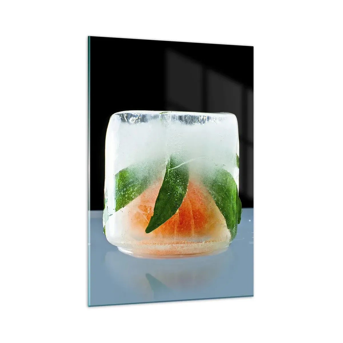 Impression sur verre - Image sur verre - Glaçon à l'orange et aux feuilles - 80x120cm - Fraîcheur et rafraîchissement - Décoration murale moderne pour le salon et la chambre ARTTOR