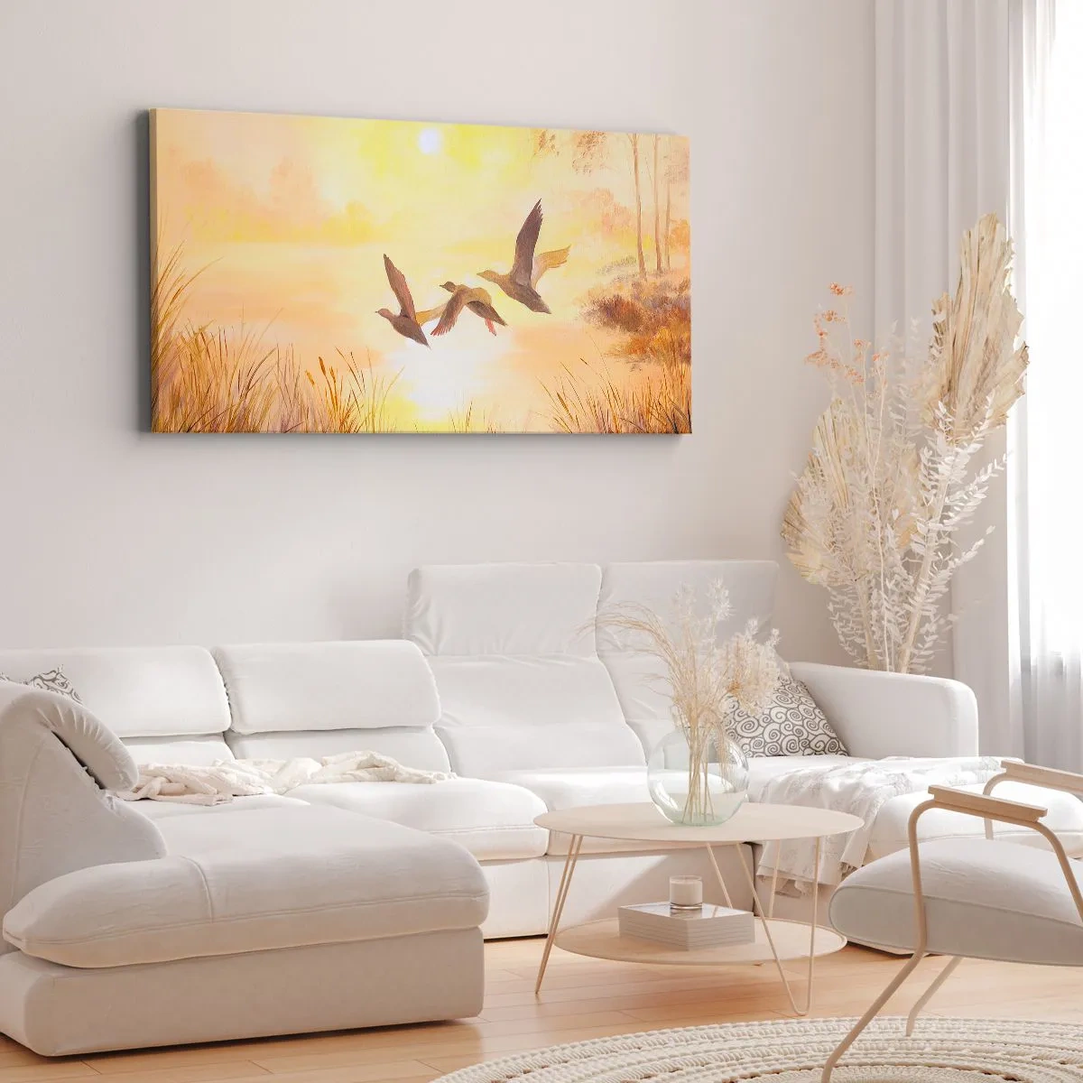 Impression sur toile - Image sur toile - Canards volant au lever du soleil au-dessus du lac - 160x50cm - Le début d'un long voyage - Décoration murale moderne pour le salon et la chambre ARTTOR
