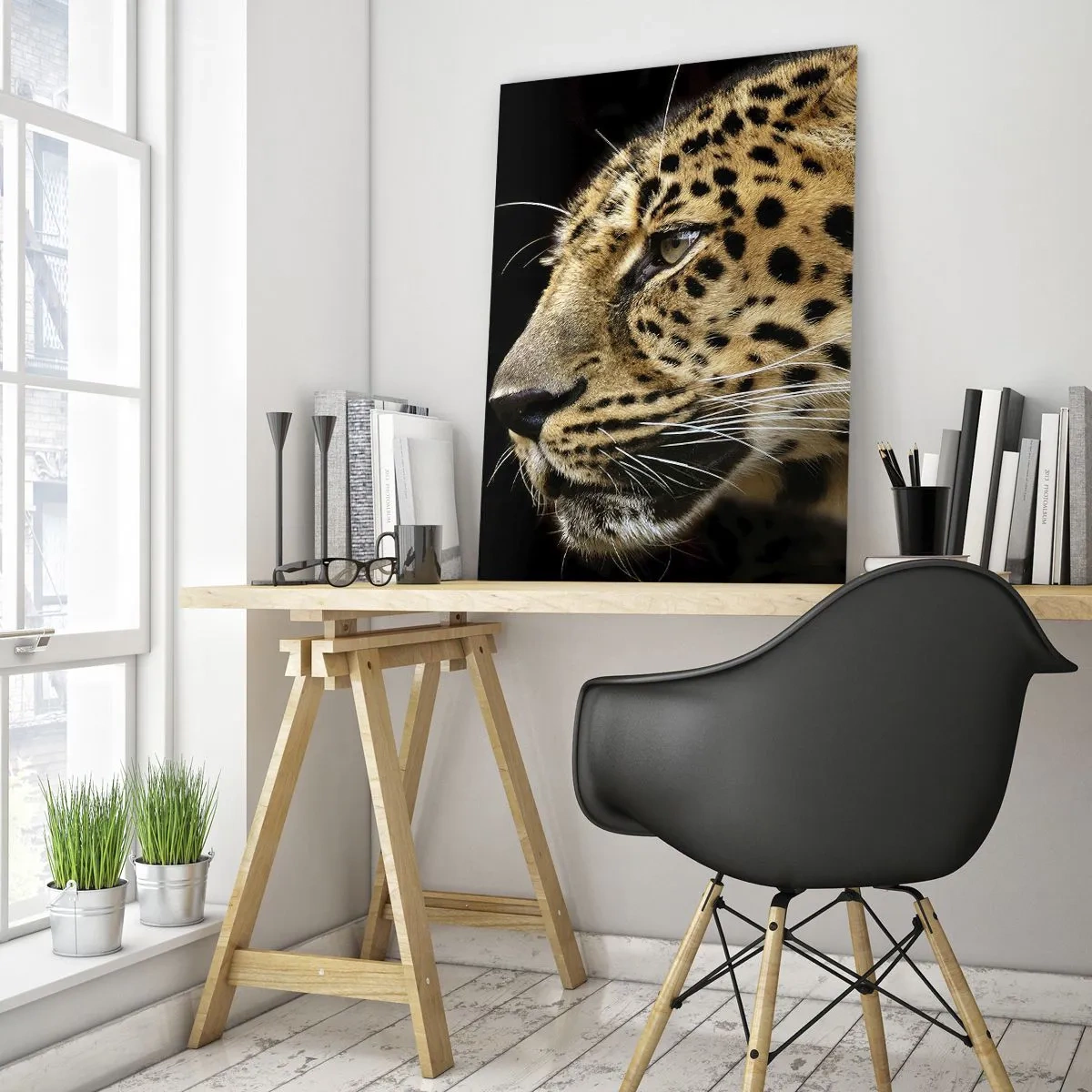Impression sur verre - Image sur verre - Profil d'un léopard sur fond noir - 50x70cm - Calme, concentré, prêt - Décoration murale moderne pour le salon et la chambre ARTTOR
