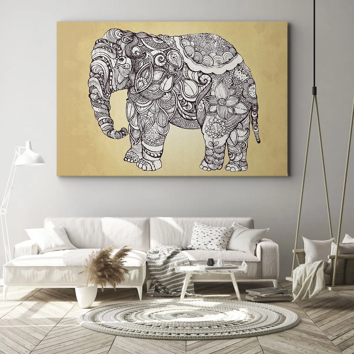 Impression sur toile - Image sur toile - Éléphant dessiné à la main avec un motif orné sur un fond beige - 100x70cm - L'éléphant s'est apprêté - Décoration murale moderne pour le salon et la chambre ARTTOR