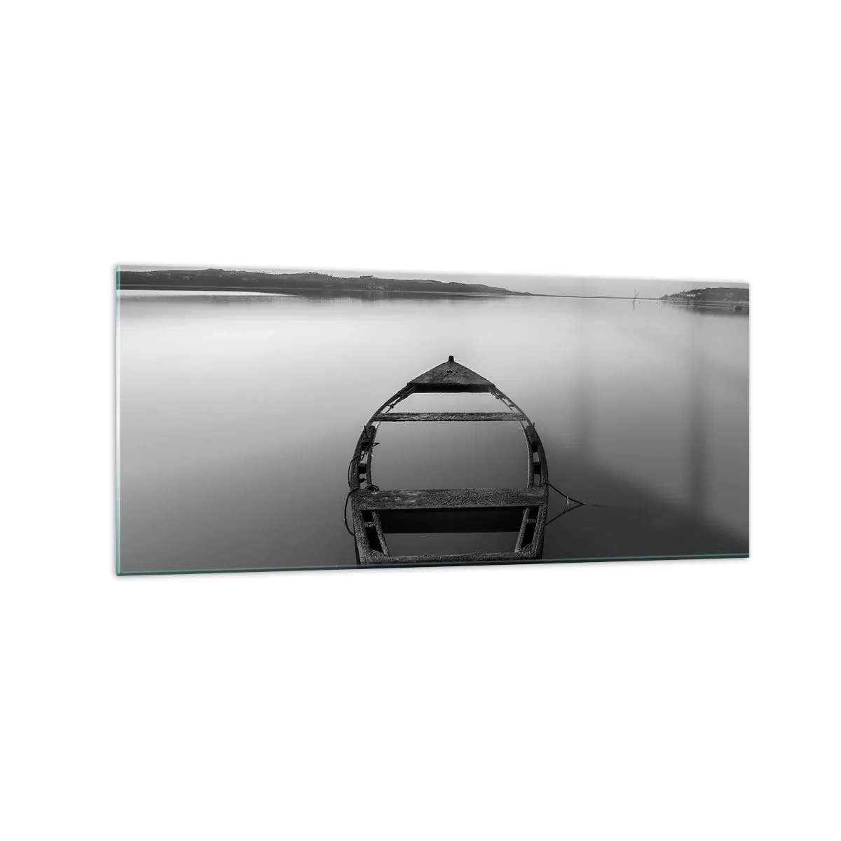 Impression sur verre - Image sur verre - Un bateau solitaire sur un lac calme dans des tons de noir et blanc - 120x50cm - Nostalgie et mélancolie - Décoration murale moderne pour le salon et la chambre ARTTOR