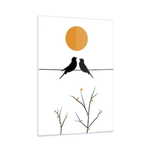 Impression sur verre - Image sur verre - Oiseaux sur une ligne sous un soleil orange - 50x70cm - Soirée pour rossignols - Décoration murale moderne pour le salon et la chambre ARTTOR