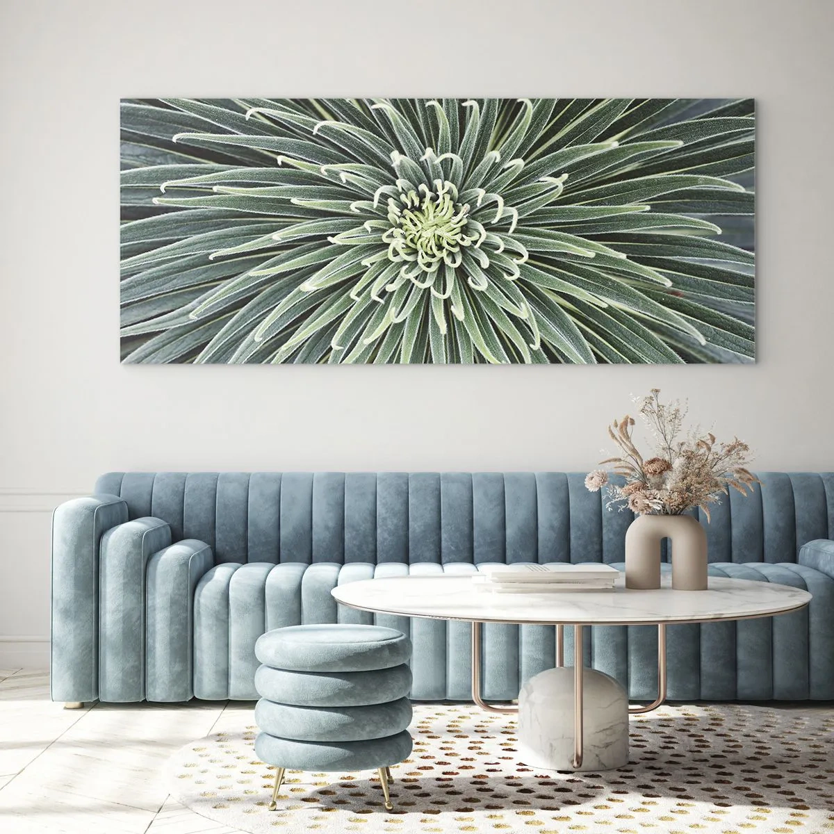 Impression sur verre - Image sur verre - Disposition symétrique de feuilles vertes ressemblant à une étoile - 120x50cm - Naissance d'une étoile - Décoration murale moderne pour le salon et la chambre ARTTOR