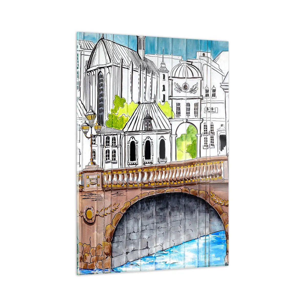 Impression sur verre - Image sur verre - Le pont et l'architecture urbaine sous forme d'esquisse à l'aquarelle - 50x70cm - Une ville comme peinte - Décoration murale moderne pour le salon et la chambre ARTTOR