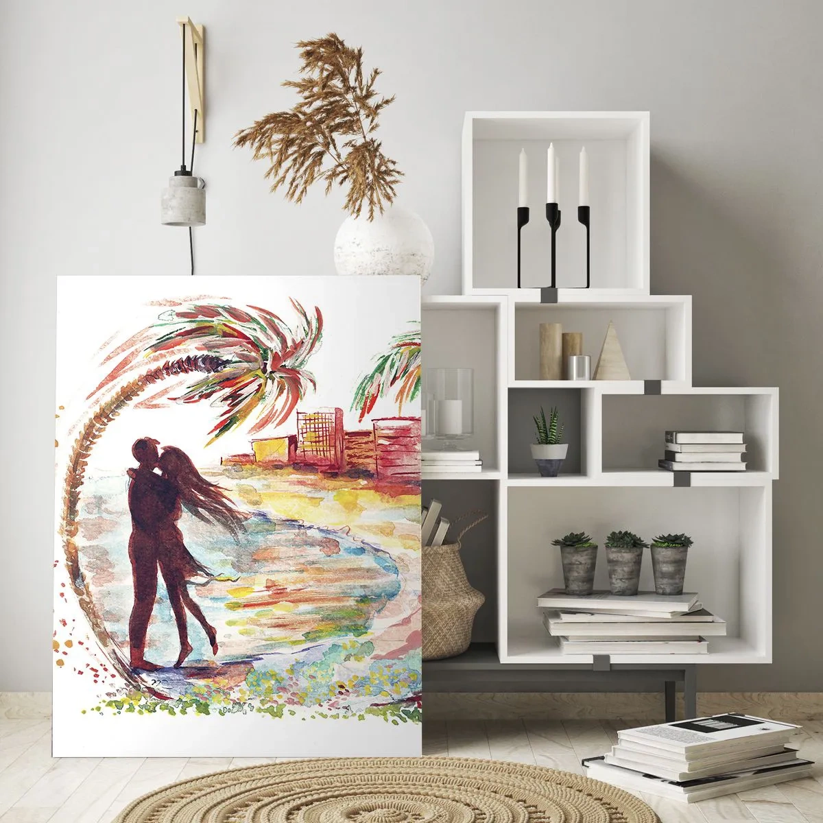 Impression sur verre - Image sur verre - Scène de couple romantique sur une plage avec des palmiers à l'aquarelle - 70x100cm - Vacances romantiques - Décoration murale moderne pour le salon et la chambre ARTTOR