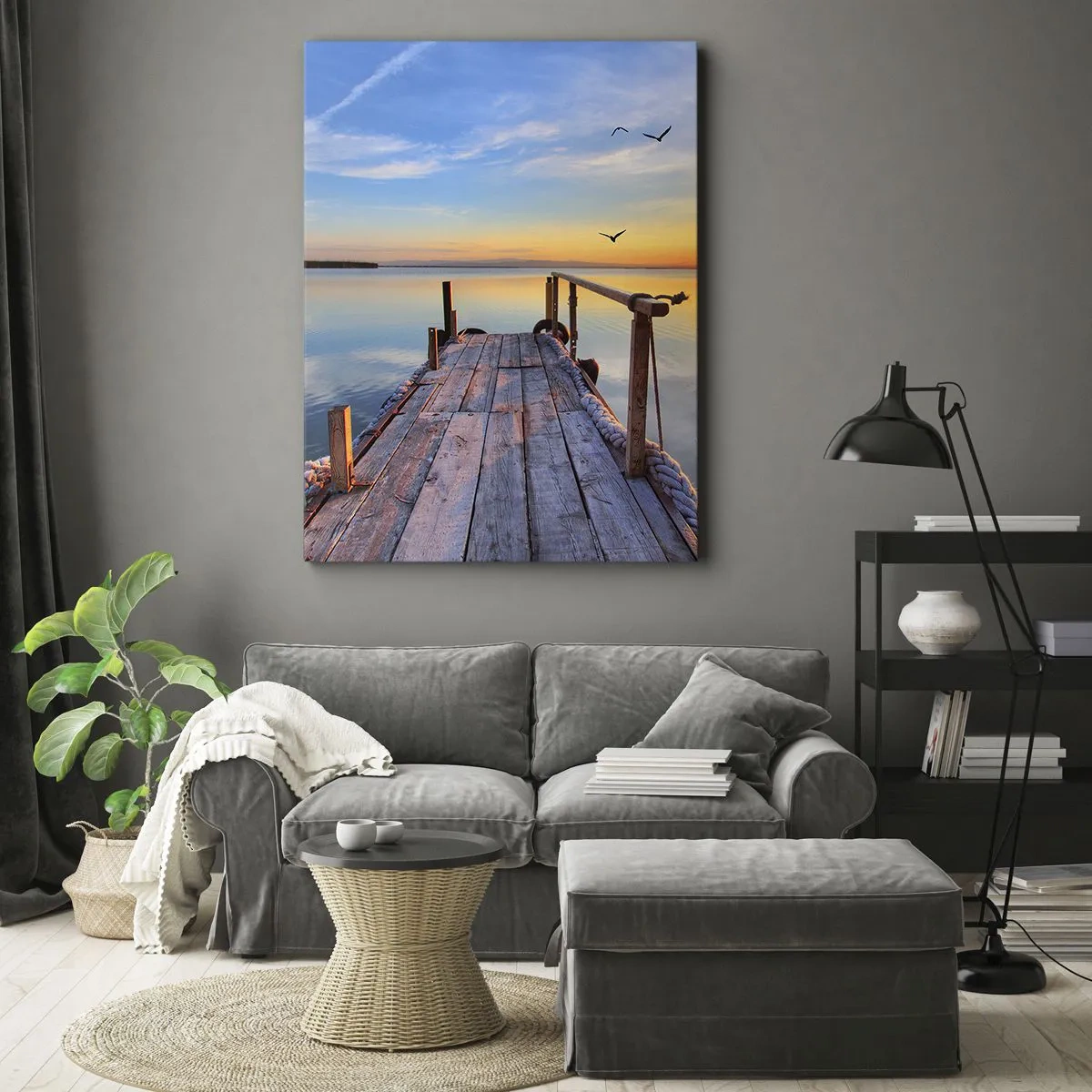 Impression sur toile - Image sur toile - Jetée en bois au coucher du soleil sur un lac calme - 70x100cm - Marcher droit vers le soleil - Décoration murale moderne pour le salon et la chambre ARTTOR