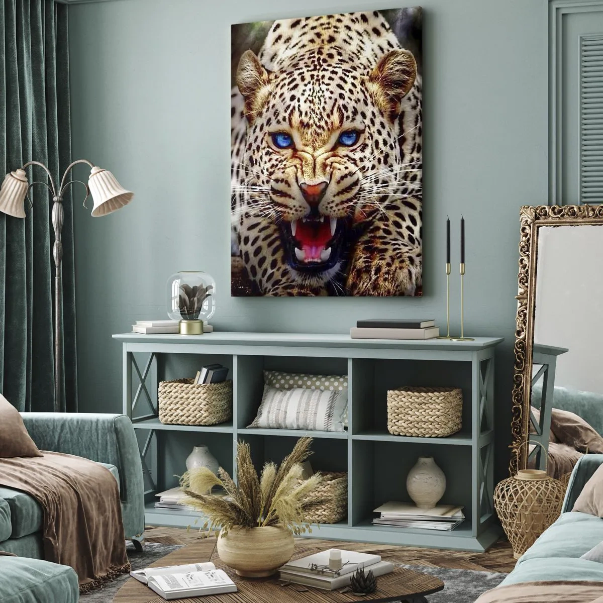Impression sur toile - Image sur toile - Un léopard menaçant aux yeux bleus intenses - 70x100cm - La colère de la beauté ne fait pas de mal - Décoration murale moderne pour le salon et la chambre ARTTOR