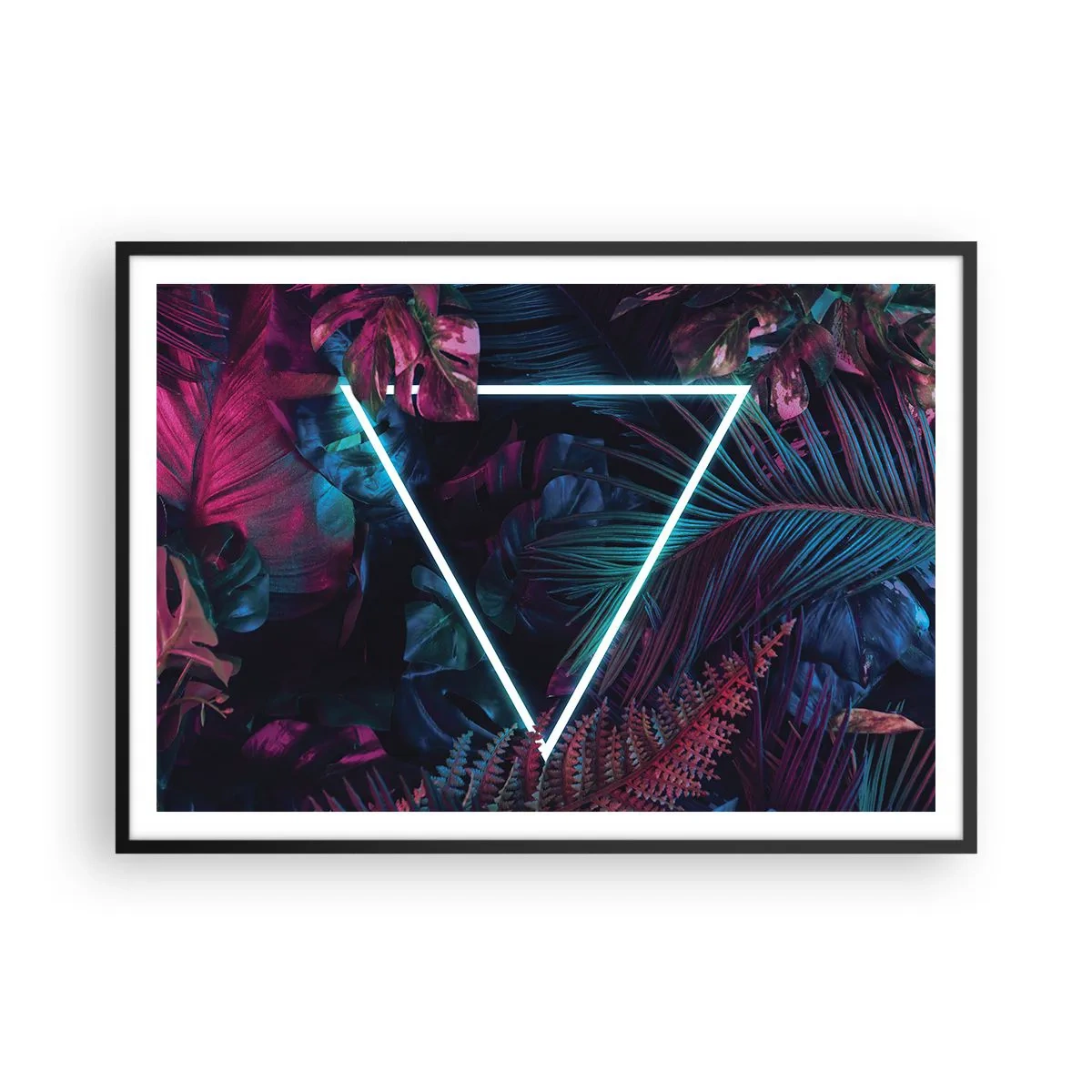 Affiche dans un cadre noir - Poster - Un triangle néon entouré de feuilles tropicales aux couleurs sombres. - 100x70cm - Jardin de style disco - Décoration murale moderne pour le salon et la chambre ARTTOR