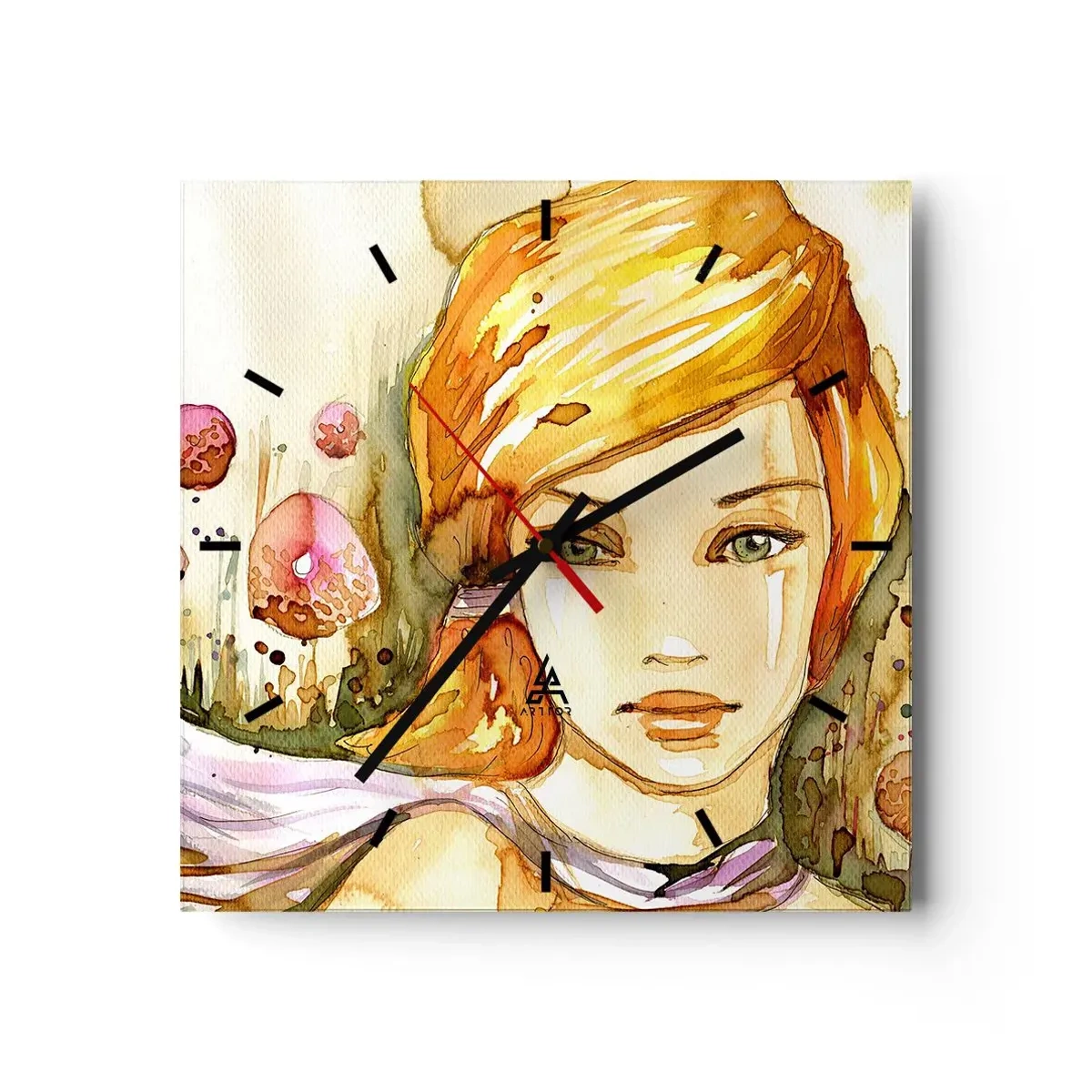 Horloge murale - Pendule murale - Portrait d'une femme aux couleurs aquarelles au regard intense - 30x30cm - Un regard émeraude qui calme la colère - Décoration murale moderne pour le salon et la chambre ARTTOR