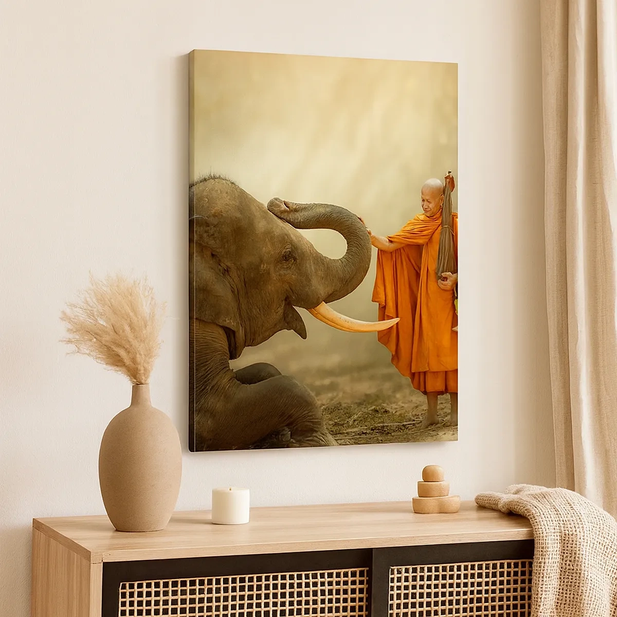 Impression sur toile - Image sur toile - Un moine et un éléphant en harmonie avec la nature en toile de fond - 50x70cm - Rencontre en voyageant - Décoration murale moderne pour le salon et la chambre ARTTOR