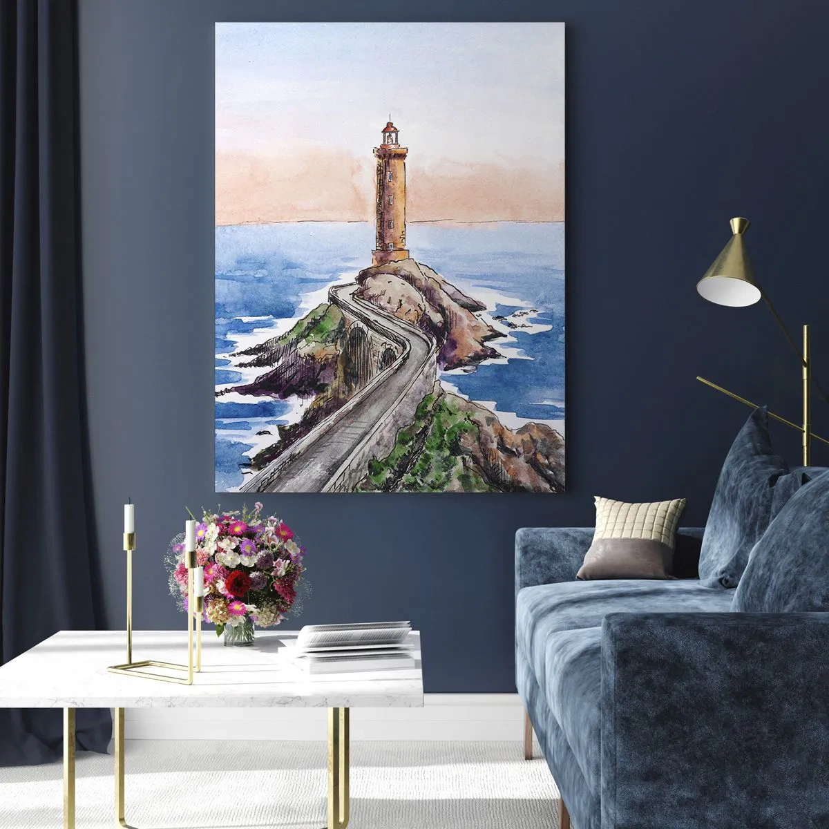 Impression sur verre - Image sur verre - Un phare sur un promontoire rocheux entouré d'une mer calme - 50x70cm - Face à la mer - Décoration murale moderne pour le salon et la chambre ARTTOR