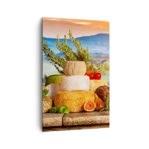 Impression sur toile - Image sur toile - Une composition de fromages et de fruits sur fond de paysage toscan - 80x120cm - La joie de vivre à l'italienne - Décoration murale moderne pour le salon et la chambre ARTTOR