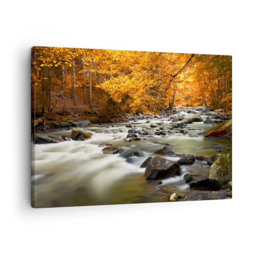 Impression sur toile - Image sur toile - Un ruisseau dans une forêt d'automne entouré de feuilles dorées - 70x50cm - Un ruisseau dans une forêt dorée - Décoration murale moderne pour le salon et la chambre ARTTOR